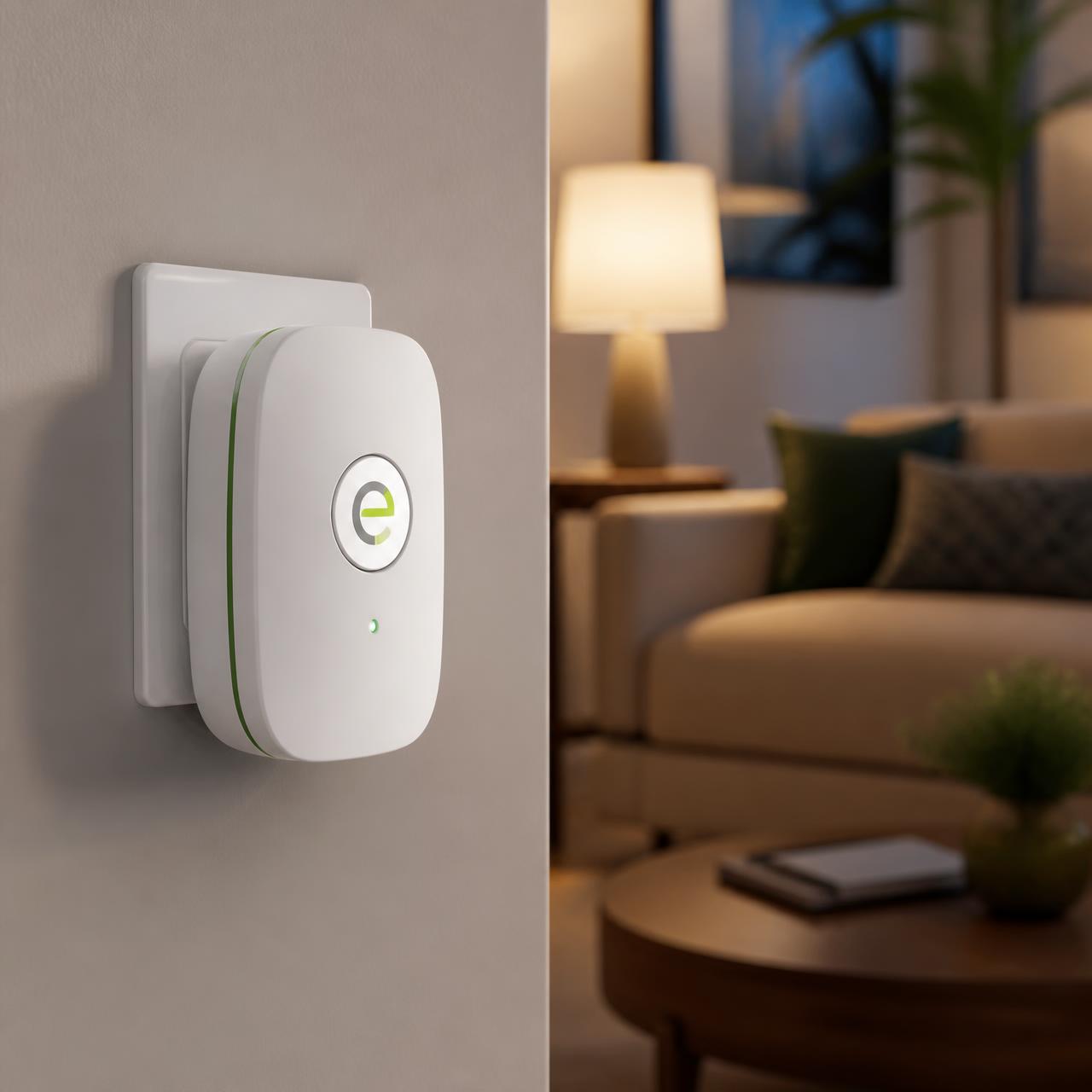 StopWatt smart energy saver plugged into a wall outlet in a living room